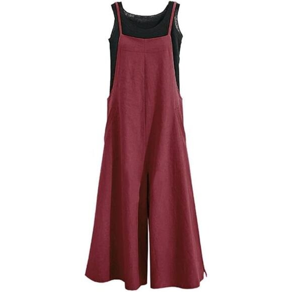 Women Loose Long Bib Pants Wide Leg Jumpsuits Red - Picture 2 of 5